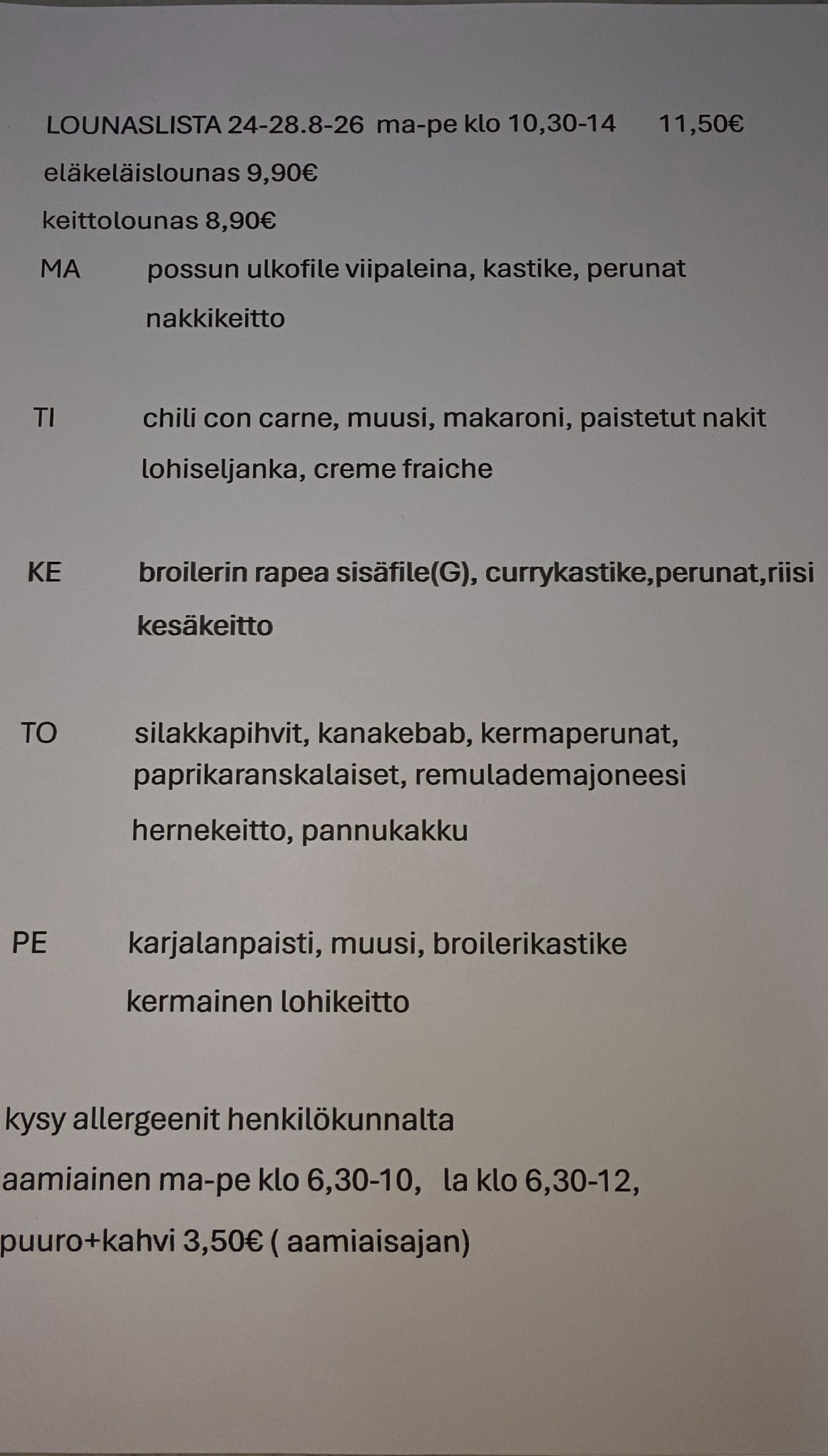 Tämän viikon lounaslista kuvana